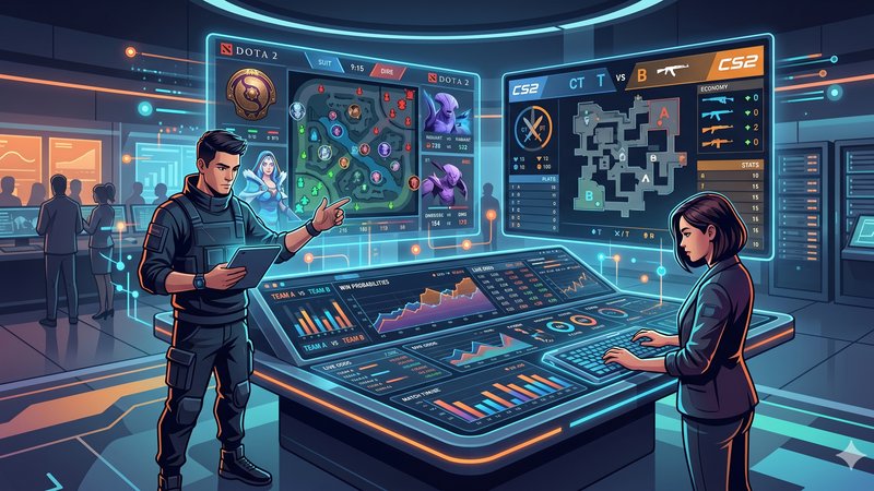 Современная иллюстрация с элементами Dota 2 и CS2 для руководства по ставкам на киберспорт